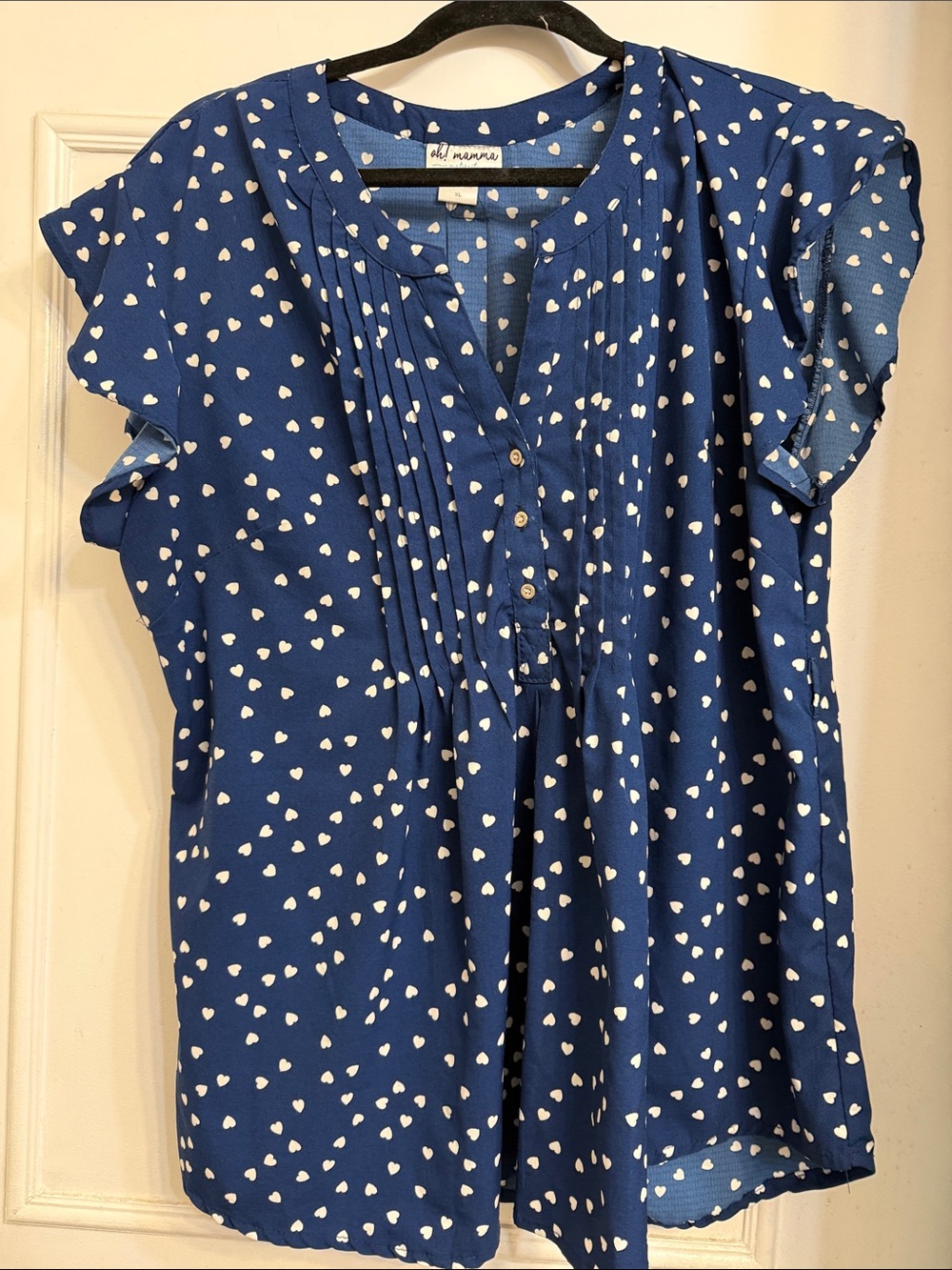 Bright Blue Heart-Print Button Front Blouse